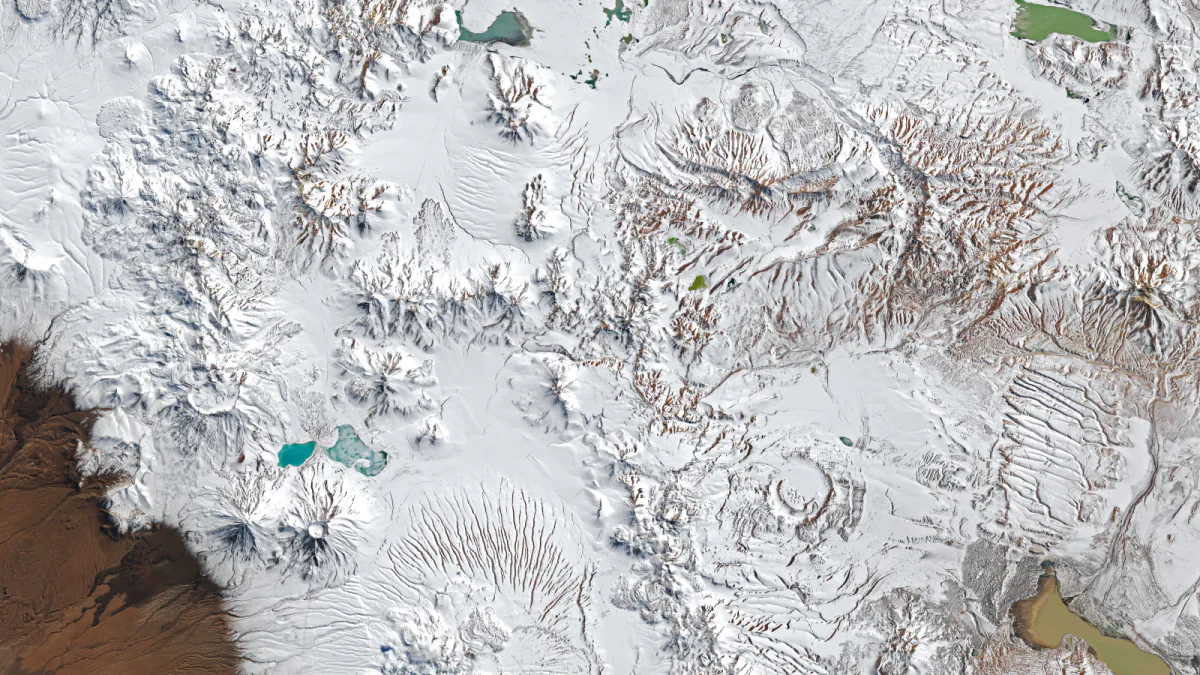Landsat 9 view of snow covering the Chajnantor Plateau in northern Chile on August 14, 2026.