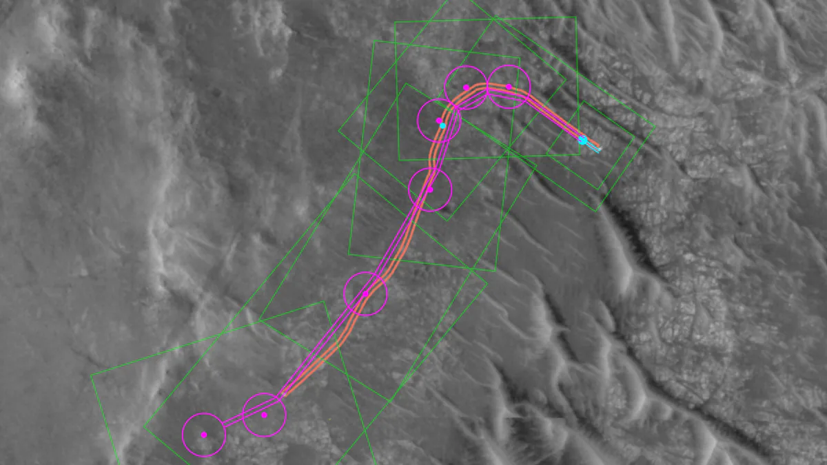 Annotated HiRISE orbital image showing Perseverance's AI-planned route in magenta and its actual route in orange on mission sol 1709.